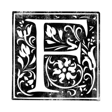 Letter &lsquo;F&rsquo; vintage initial drop cap stamp with distressed texture isolated on transparent background