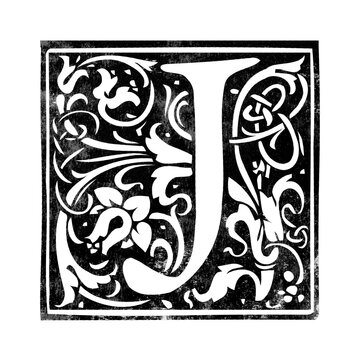 Letter &lsquo;J&rsquo; vintage initial drop cap stamp with distressed texture isolated on transparent background