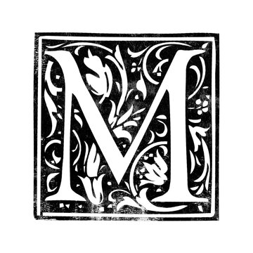 Letter &lsquo;M&rsquo; vintage initial drop cap stamp with distressed texture isolated on transparent background