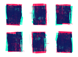 Abstract glitch effect stamp overprint vignette boxes with distressed grunge texture isolated on transparent background