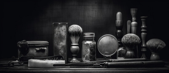 On a black dusty surface are old barber tools. - obrazy, fototapety, plakaty