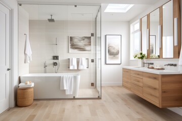Spacious bathroom with a freestanding tub and glass shower, featuring wooden cabinets and white tile.