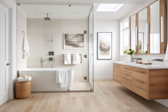 Spacious Bathroom With A Freestanding Tub And Glass Shower, Featuring Wooden Cabinets And White Tile.