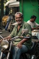 A smiling man sitting on a motorcycle, surrounded by other people and various items.. A fictional character Created By Generated AI.