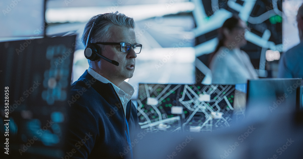 Leinwandbilder Middle Aged Surveillance Specialist in a Modern Monitoring Room with Displays and Computers. Manager Effectively Multitasking with Supporting Clients on a Phone Call and Computer Work