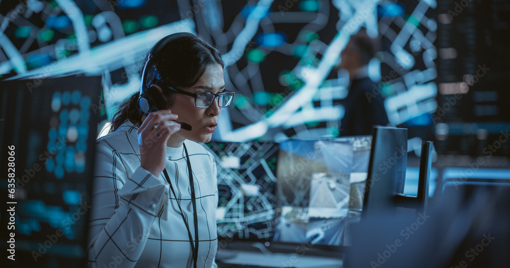Poster High-Tech Surveillance Office with Specialists Using Satellite Technology with Real-Time Monitoring, CCTV and Traffic Reports. Monitoring Room Technical Support Specialist on a Call with Team Manager