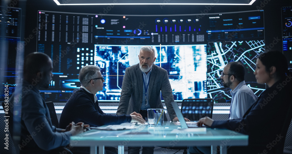 Poster Senior Chief Software Engineer Showing a Satellite Tracking Technology Capabilities to a Group of High Profile Government and Cybersecurity Officials. Colleagues Discussing New GPS Software