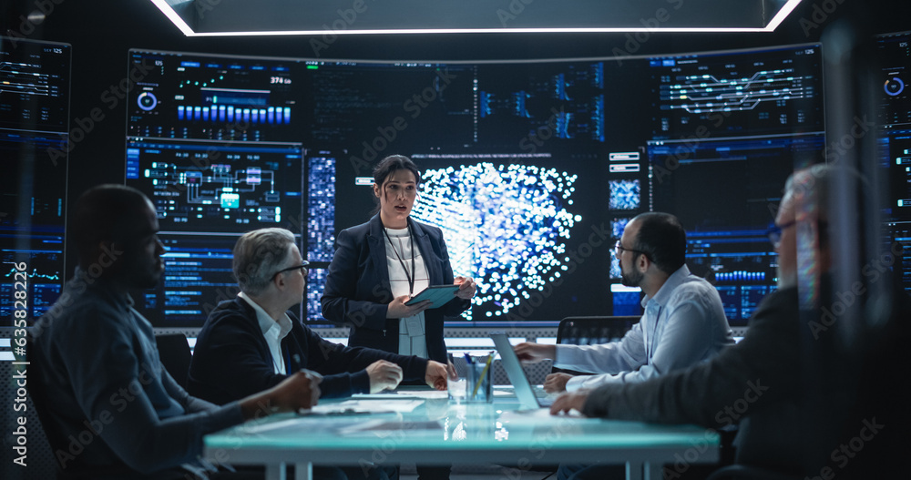 Poster Team of Software Development Engineers Having a Meeting in an Artificial Intelligence Research Center. Diverse Group of Professional Programmers Discussing Internet Opportunities for the AI Tool