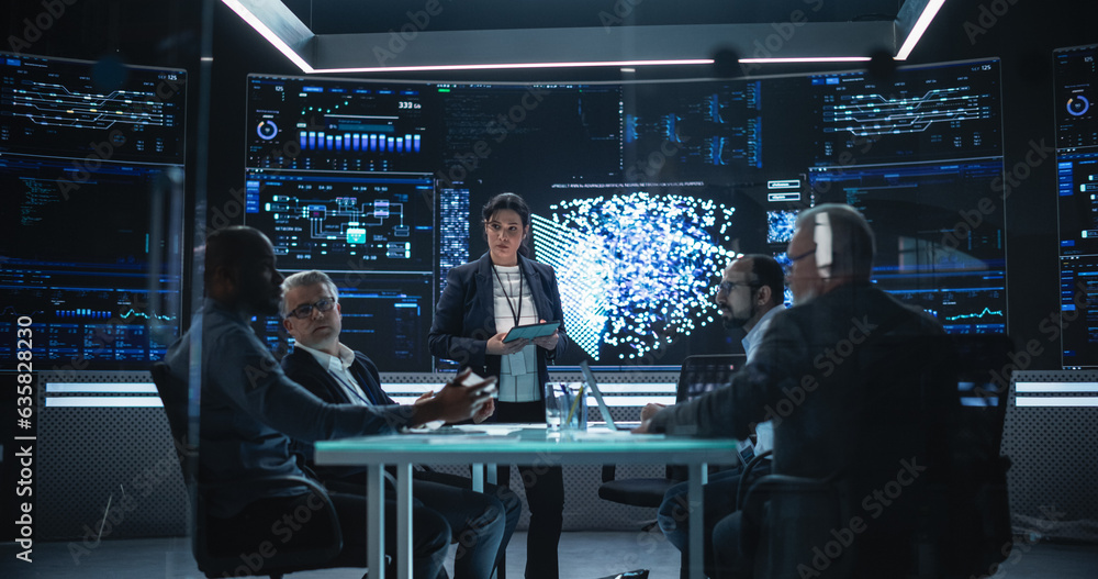 Poster Chief Software Engineer Conducting a Quality Assessment Meeting With His Artificial Intelligence Design Team. Group of Developers Discussing Possible Development of a New Advanced Neural Network