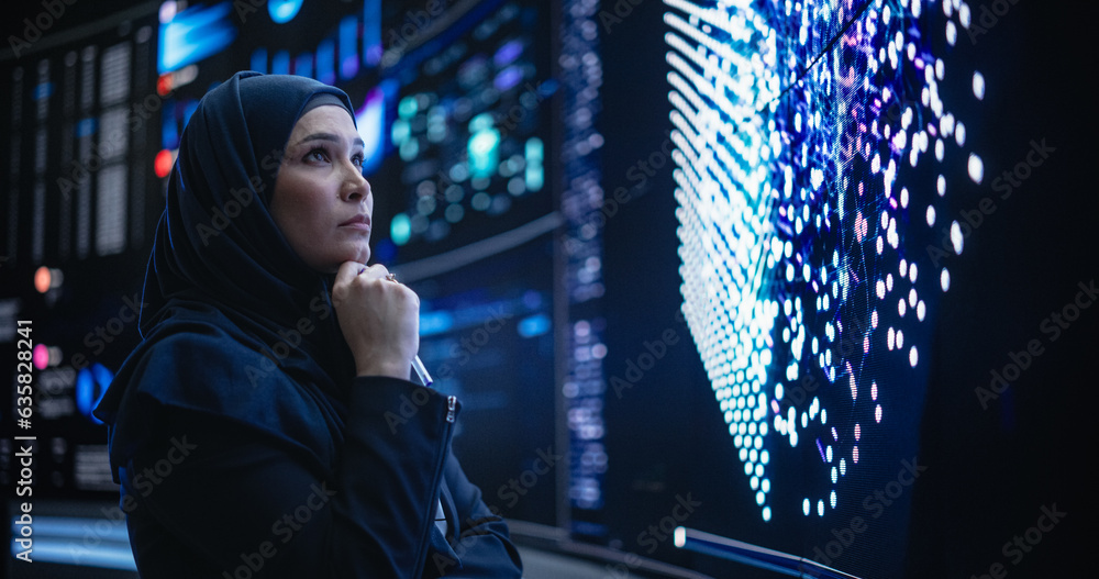 Fototapete Talented Muslim Software Programmer Working in Technological Innovative Agency Startup. Young Female Manager Dealing with Cloud Based Neural Network Research and Development
