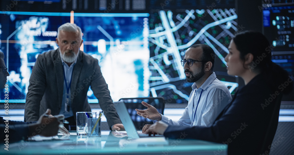 Aufkleber team of surveillance experts having a discussion during a meeting in an advanced research center. di