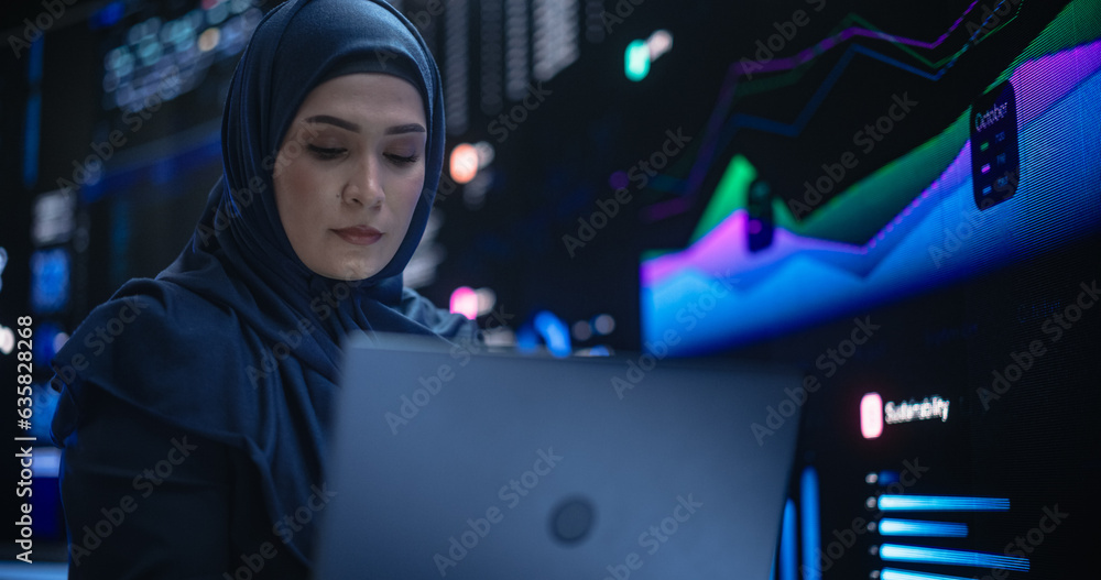 Poster portrait of arab female working in an advanced technology company. woman wearing a hijab, using lapt