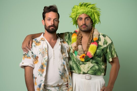 Two guys posing for a picture wearing Hawaiian shirts and funny hats. A fictional character Created By Generated AI.