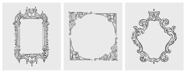 Hand drawn vector abstract outline,graphic,line art vintage baroque ornament floral frames set in minimalistic modern style.Baroque floral vintage outline design concept.Vector antique frame isolated. - 635828892