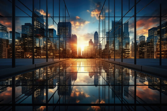 Office building glass in a skyscraper  , Modern office buildings business district with urban view , Created with Generative Ai Technology