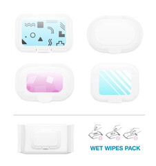 Wet wipe pack mockup. Wet wipes labels with examples. Vector illustration isolated on white background. Сan be used for cosmetic, medical, sanitary and other needs. EPS10.