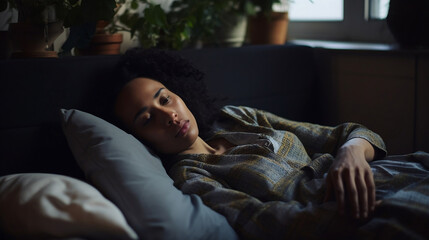 Obraz premium Depressed black woman mixed race woman lying on sofa couch depression mental health disorder major depressive disorder sad awareness 