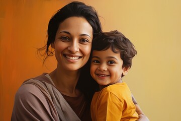 An Indian Mother Holds Her Smiling Child Close. A fictional character Created By Generated AI.