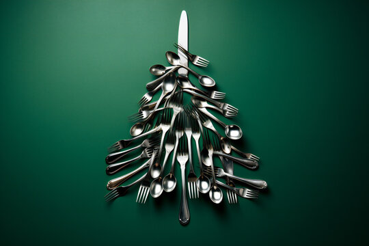 christmas tree made of forks and knifes on a green  background. Minimal artistic concept for end of the year festivities. Design for Christmas card or banner., copy space