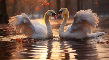 Two swans "dance" on the water facing each other, with outstretched wings, National Geographic award - winning photo