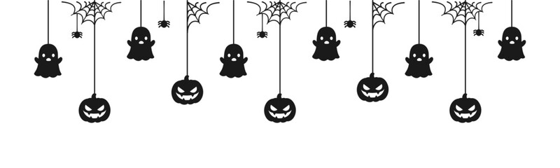 Happy Halloween banner or border with black spider web, ghost and jack o lantern pumpkins. Hanging Spooky Ornaments Decoration Vector illustration, trick or treat party invitation