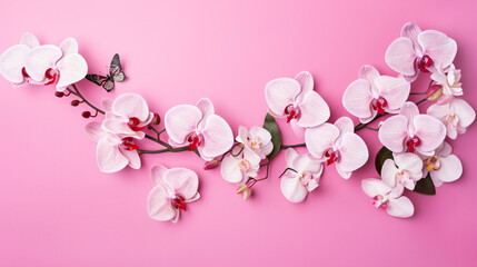 Fototapeta na wymiar Branch of tropical orchids and butterfly on pink background
