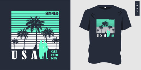 USA California summer for t-shirt print design with typography. Vintage, surf tee with tropical palm tree silhouette strip graphic label, perfect for ocean vacation fashion. Vector illustration.