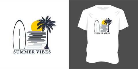 Summer vibes for t-shirt print design with typography. Line Art Style, surf tee with tropical palm tree silhouette graphic label, perfect for holiday fashion. Vector illustration.