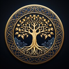 arbre de vie de couleur or avec un fond sombre - ia générative - ia