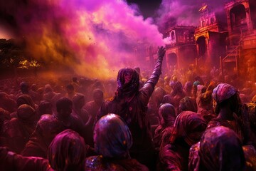 Fototapeta na wymiar A Crowded Festival of Colors - India. A fictional character Created By Generated AI.