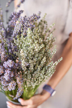 Bunches of dried lavender in basket. flower shop. Flowers delivery