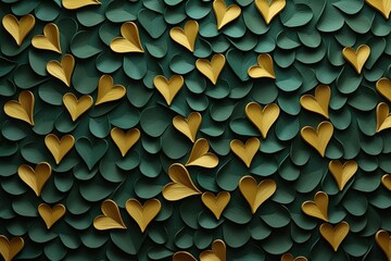 Heartcore Brilliance in Thick Impasto Background - Green and Gold Hearts Illustrated for a Realistic and Detailed Wallpaper Experience - Hearts Backdrop created with Generative AI Technology