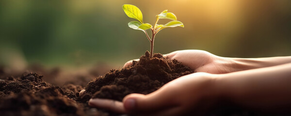 Hands holding soil with growing young plant on green nature background. Eco concept. Copy space