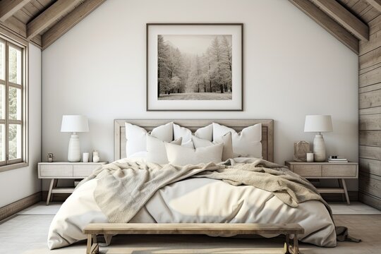 a farmhouse style bedroom with a mockup frame.