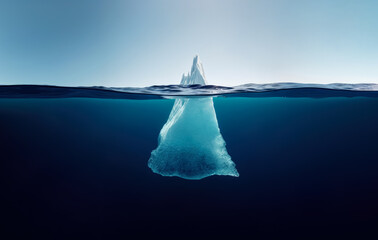 Iceberg floating on dark sea, large part visible underwater, smaller tip above surface. Generative AI - obrazy, fototapety, plakaty