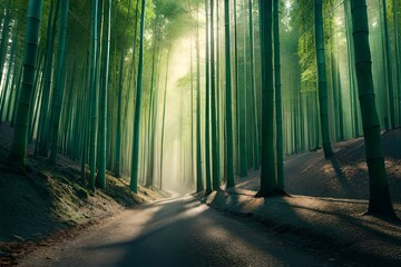A  bamboo forest with rays of sunlight generated by AI tool