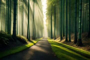 A  bamboo forest with rays of sunlight generated by AI tool