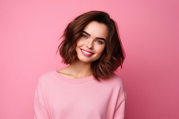 Fototapeta premium A Woman In A Pink Sweater Smiling At The Camera
