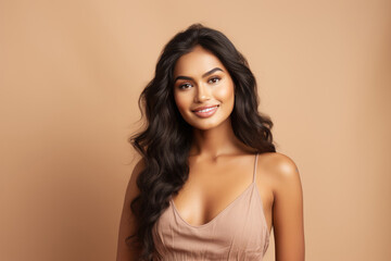 Beautiful Young Happy Indian Woman On Beige Background