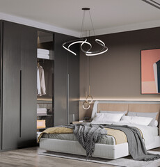 Stylish modern bedroom interior with glass wardrobe, master bed wardrobe with sliding glass doors, hanging lamps. 3d render, illustration