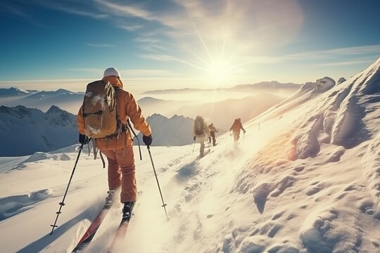 Team Winter Sports Skiers And Snowboarders With Sunlight. Travel Ski Resort With Group Of Friends, Young People Skiing On Mountain Top In Winter