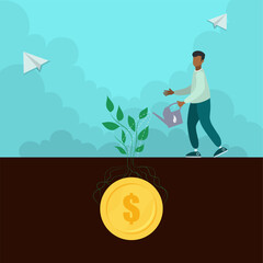 Businessman with a watering can waters a money plant. The concept of investment, savings and funds. Vector flat style illustration.