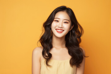 Fototapeta premium Beautiful Young Happy Korean Woman On Beige Background