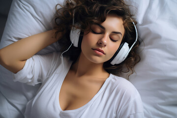 A Woman Laying In Bed With Headphones On