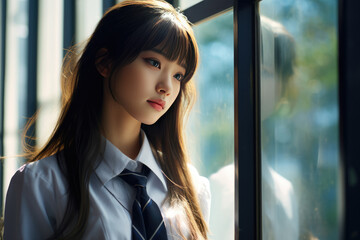 Fototapeta premium Beautiful Young Japanese Girl In School Uniform Panoramic Windows