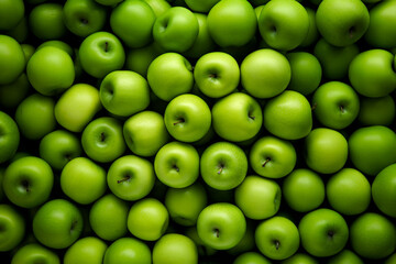 Green apples top view background. AI generated