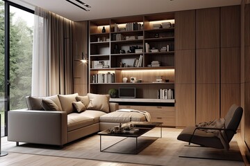 Contemporary living room in a new modern house, featuring a comfortable sofa, wardrobe closet, and decorated workspace.