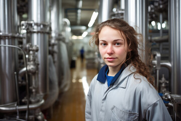 Fototapeta na wymiar Woman Worker In The Background Dairy Processing Plant