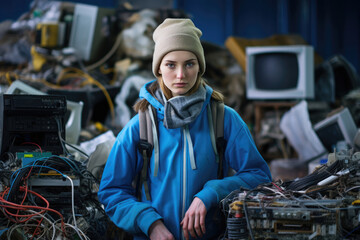 Woman Worker In The Background Electronics Recycling Plant