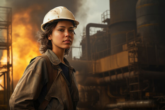 Woman Worker In The Background Cement Plant